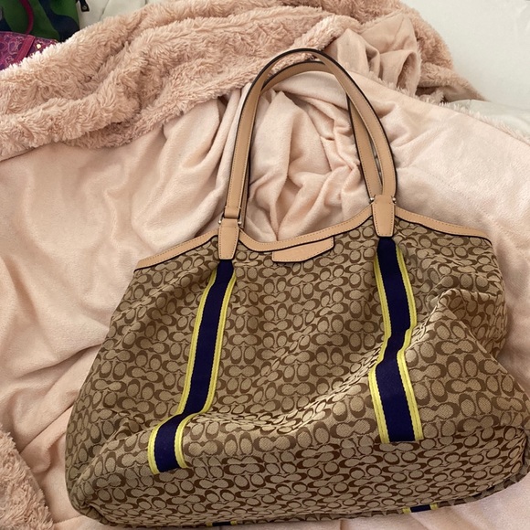 Coach purse. Signature Devin. Brown with blue and yellow stripe. - Picture 2 of 8